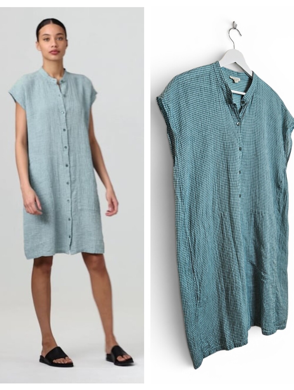Eileen Fisher Organic Linen Shirtdress L Boxy Mandarin Collar Boho Minimal